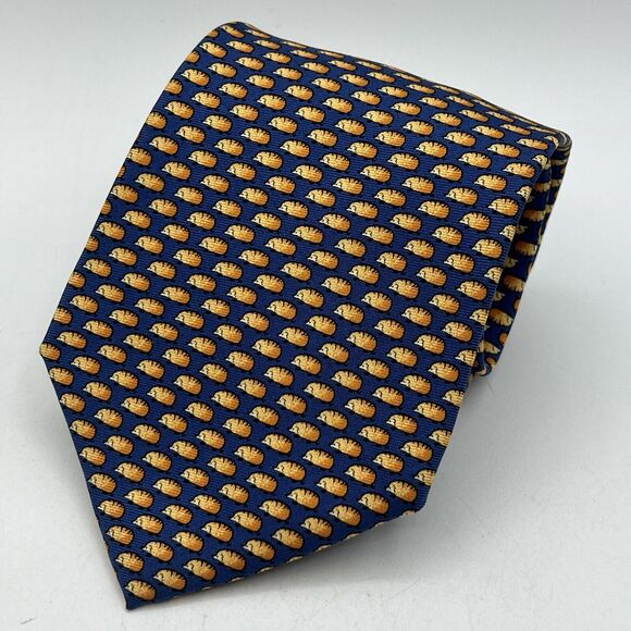 Mens Express Navy Blue Orange Hedgehog Neck Tie 100% Italian Silk Novelty - Picture 1 of 5